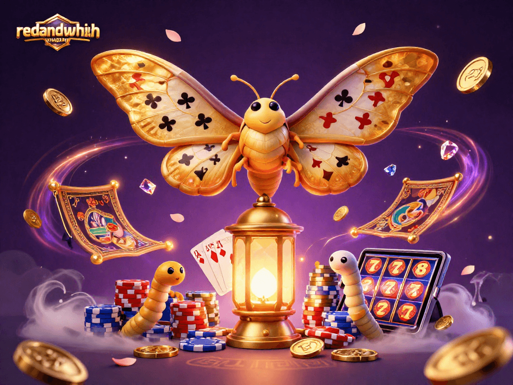 Experience the thrill of redandwhitemagzn with vibrant casino scenes featuring a majestic moth and sparkling treasures.