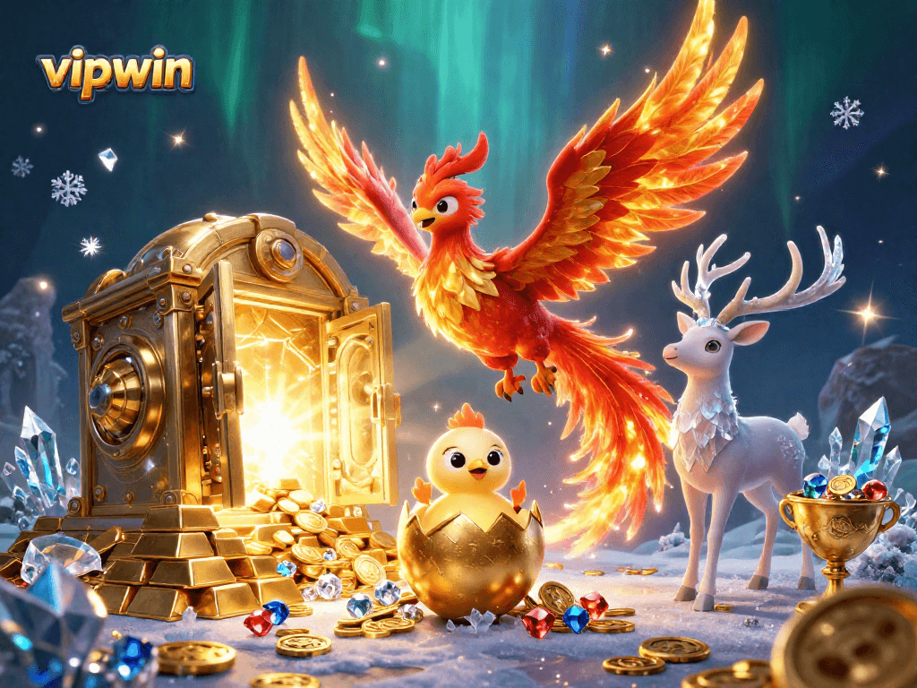Experience thrilling luck at vipwin with a vibrant phoenix soaring amidst treasures and gems.