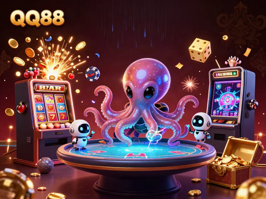 Experience the vibrant world of QQ88 with a cosmic octopus at a holographic poker table amidst dynamic casino elements.