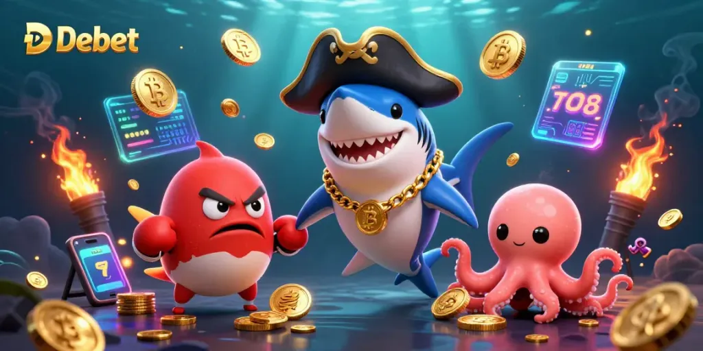 Bet on Debet with animated characters celebrating winning coins in a dynamic underwater scene.