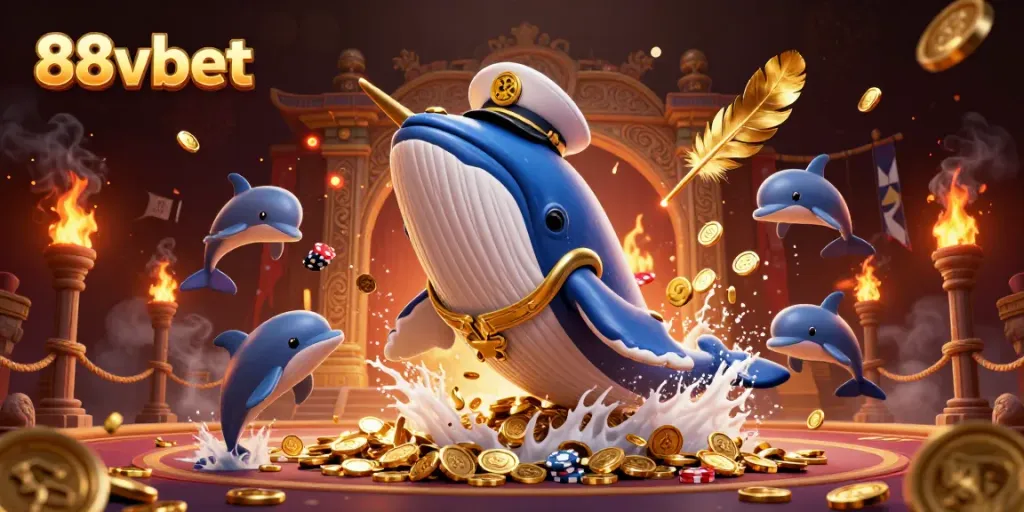Engage in thrilling games with 88vbet's vibrant casino atmosphere illustrated with whales and dolphins.