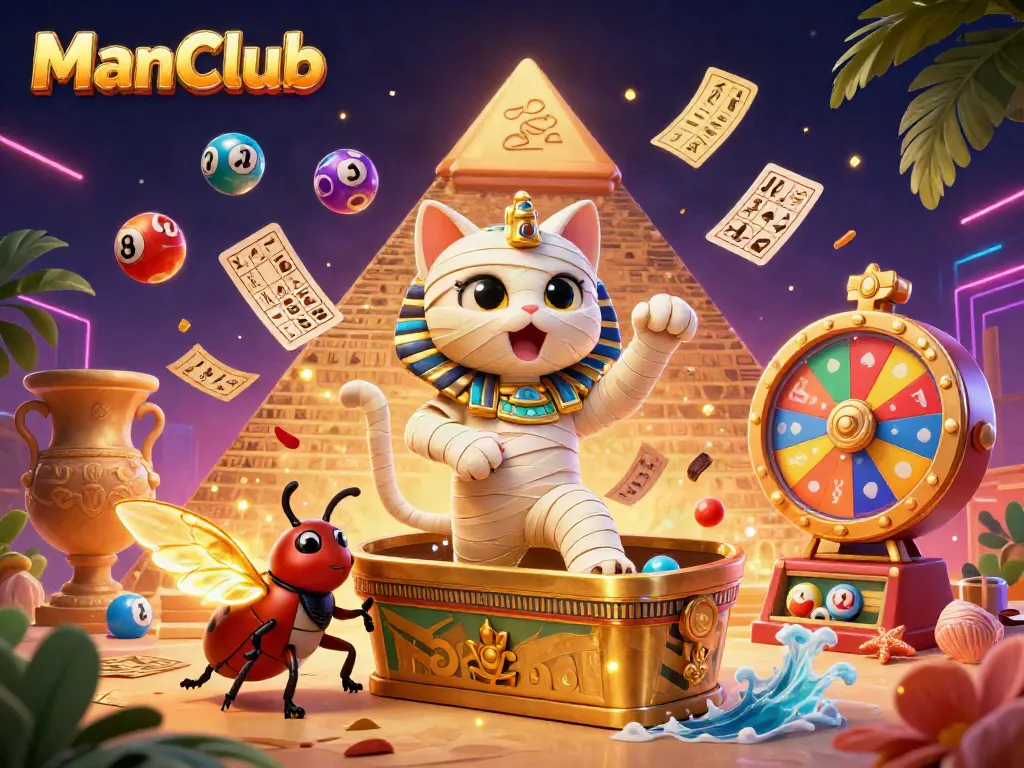 Experience thrilling play at ManClub, where a 3D Egyptian mummy cat bursts from a casino sarcophagus amidst vibrant games and winning chances.
