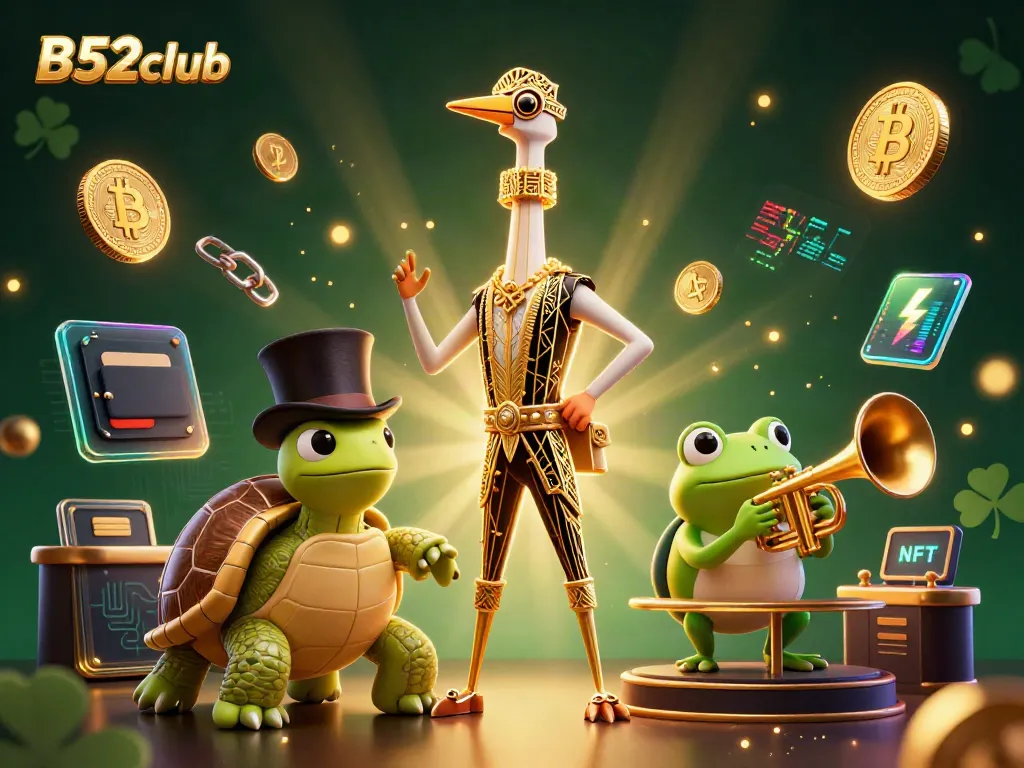 Engage with B52club in a vibrant casino-themed digital illustration featuring unique characters and crypto elements.