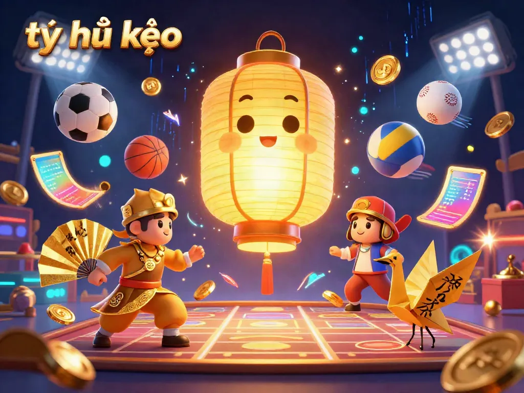 Engage with tỷ lệ kèo through dynamic sports-themed 3D illustration featuring vibrant characters and elements.