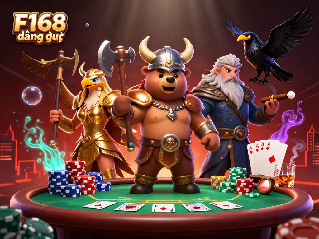 Engage in F168 đăng nhập with an epic casino adventure featuring a Viking bear, Valkyrie eagle, and poker elements.