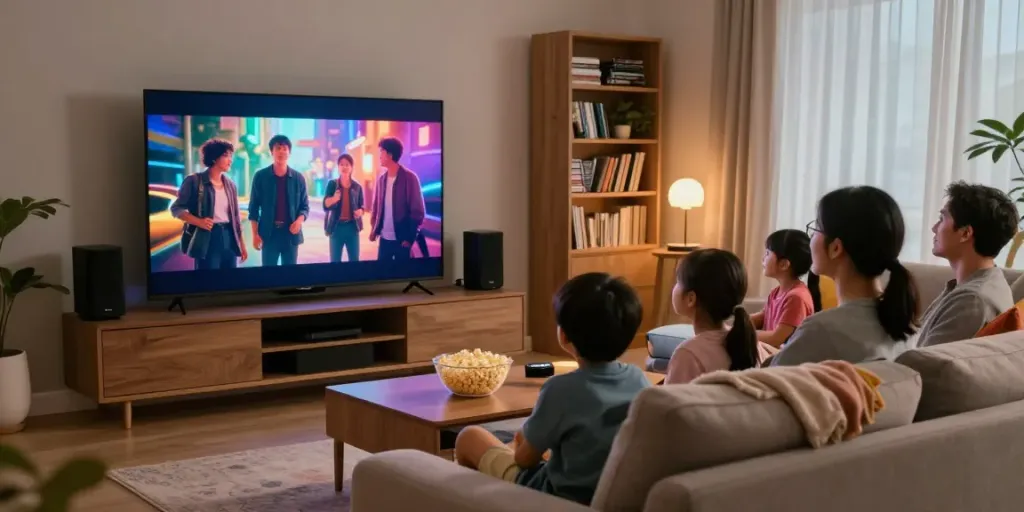 Family movie night with large screen displaying FilmyZilla 2026 features in cozy home setting.