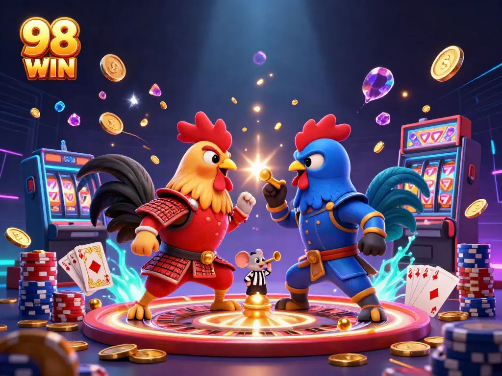 Engage with the excitement of 98 WIN at a dynamic casino showdown featuring epic rooster warriors.