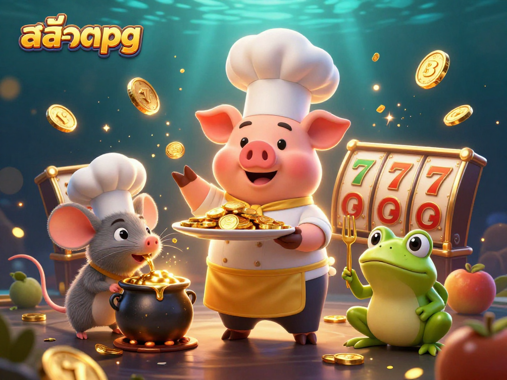 Experience the thrill ofสล็อตpg with a vibrant 3D illustration of a chef pig serving gold coins amidst dynamic slot elements.