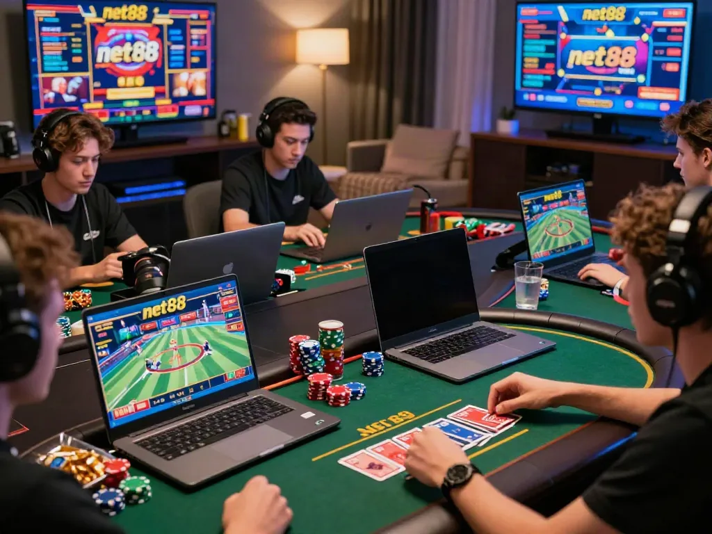 Diverse players engaged in live betting on net88 platform with vibrant gaming displays.