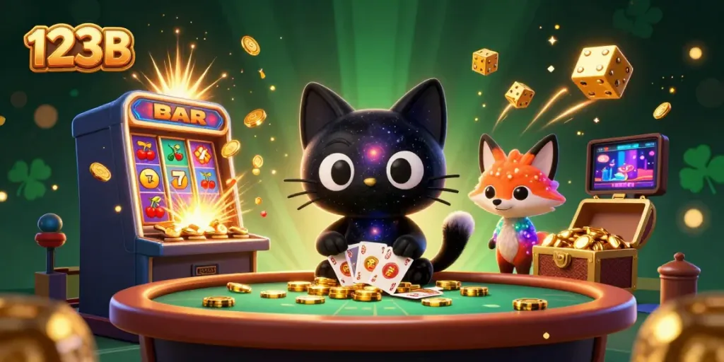 Immerse in the cosmic casino adventure at 123B with playful characters and vibrant gaming elements.