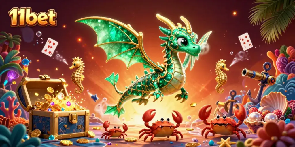 Experience thrilling 11bet gaming with a dazzling sea dragon and treasure under the ocean.