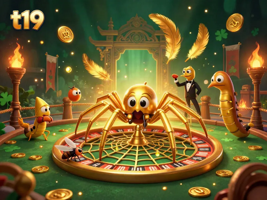 Engagement in thrilling t19 casino games with a golden spider, roulette wheel, and centipede croupier.