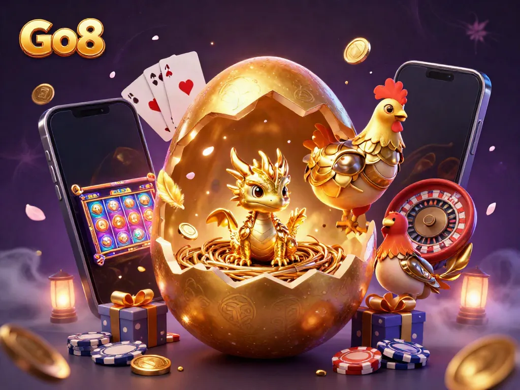 Engage in thrilling Go8 gaming action with a majestic golden dragon amidst vibrant casino elements.