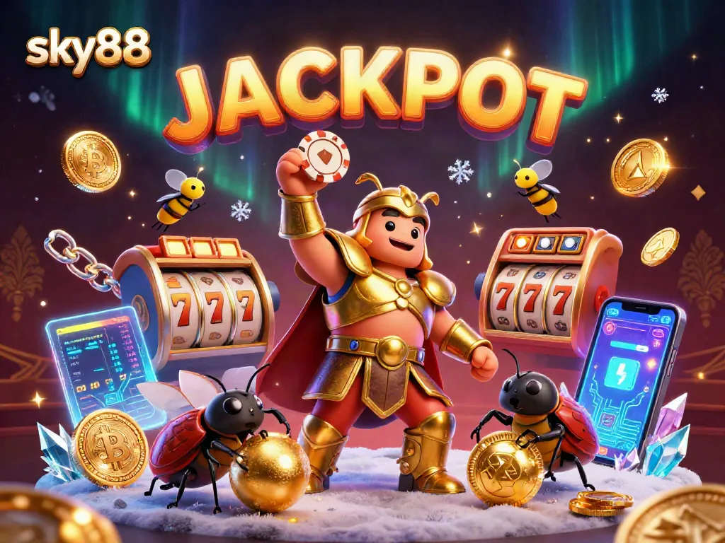 Sky88 champions lifting poker chips in a thrilling jackpot scene with vibrant colors and rich details.
