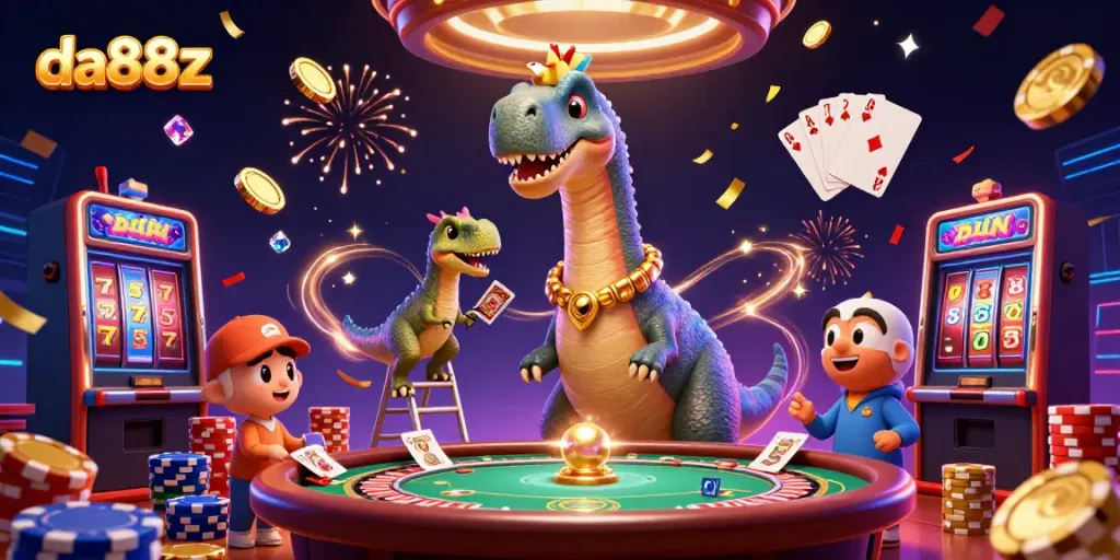 Engage in thrilling gaming at da88z, showcasing a vibrant casino scene with dynamic characters and joyful elements.