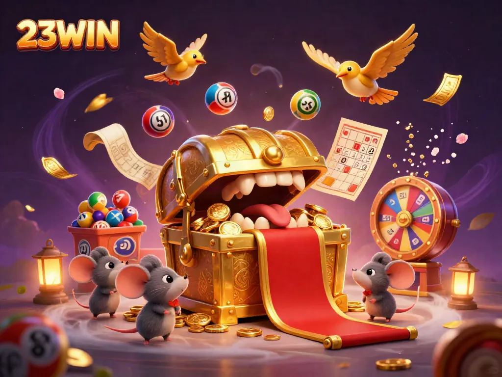 Experience the thrill of winning with 23WIN's dynamic casino scene featuring vibrant lottery elements and treasure.