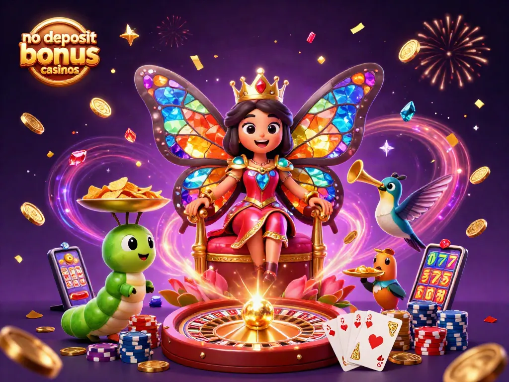 Win big at no deposit bonus casinos with a vibrant scene featuring a butterfly queen and golden chips.