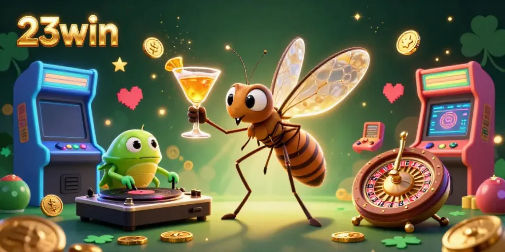 Engage with 23win's unique casino gaming mascot surrounded by vibrant arcade elements.