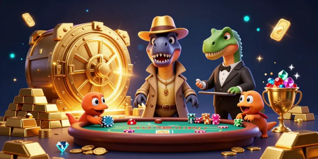 CM88 velociraptor card counter at a blackjack table, surrounded by gold treasures and gems.