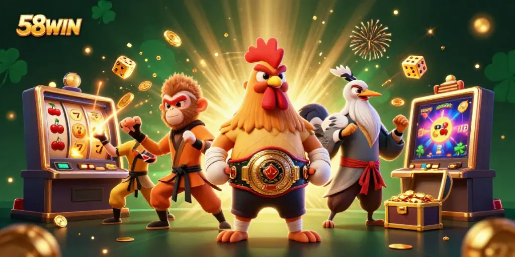 Join the thrill at 58WIN with vibrant characters and an explosive jackpot scene in 3D visualization.