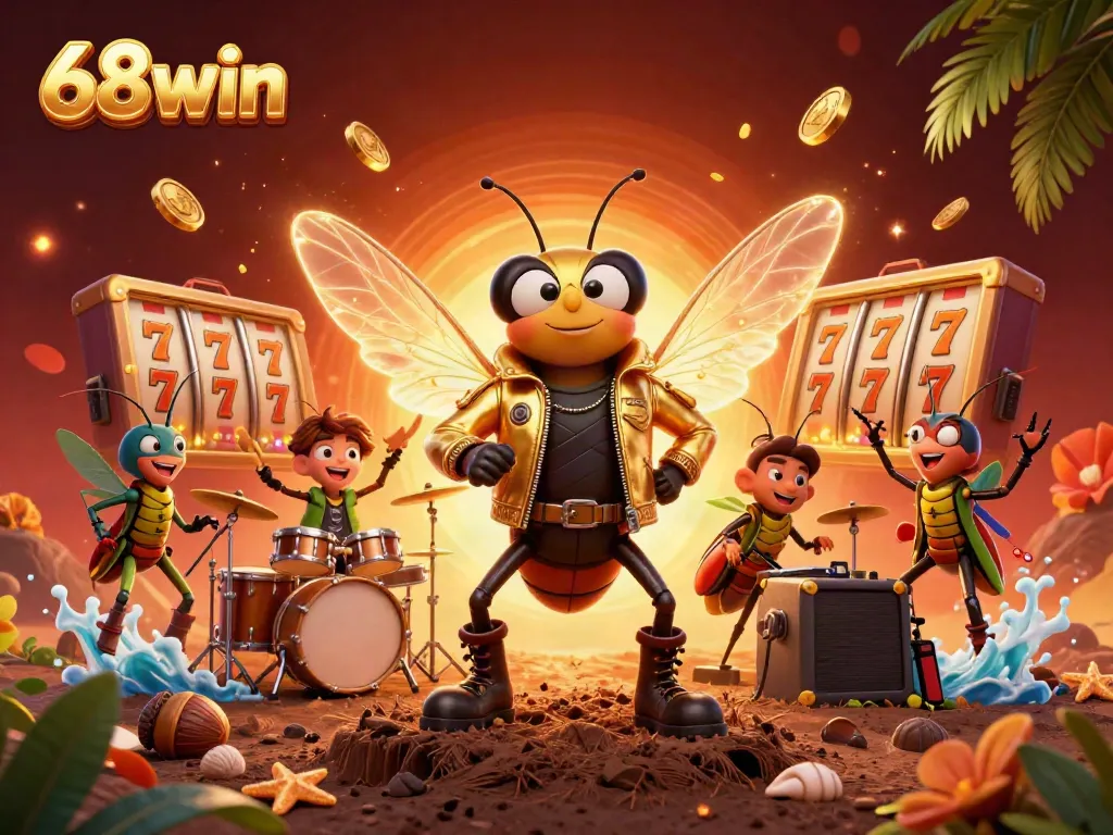 Play exciting games at 68win with a dynamic scene featuring a cicada rock star and vibrant casino elements.