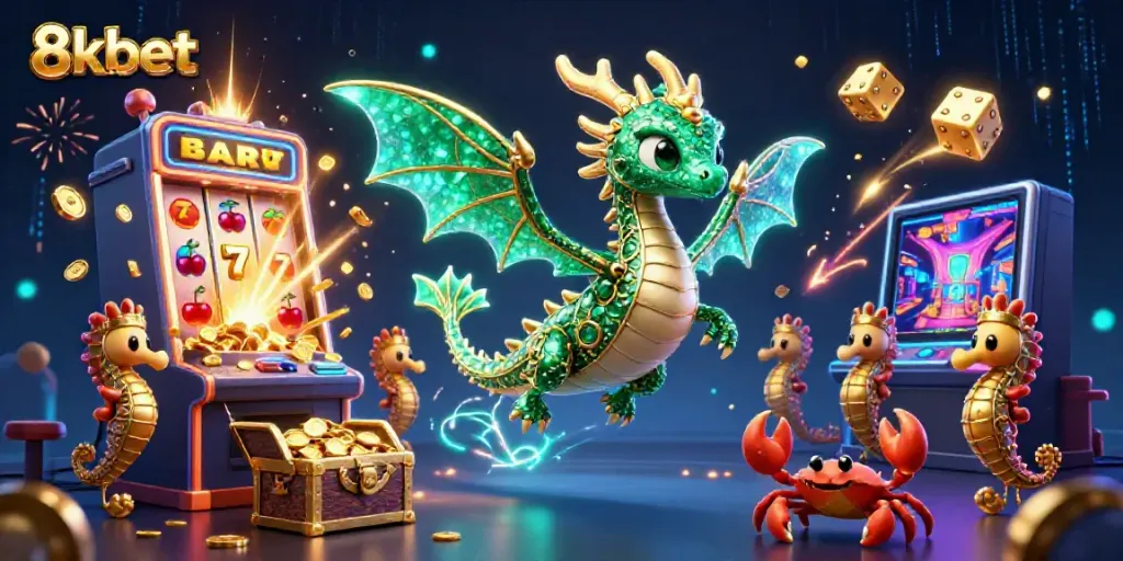 Experience the excitement of 8kbet with a vibrant scene of a 3D sea dragon, slot machine, and treasure chest bursting with coins.