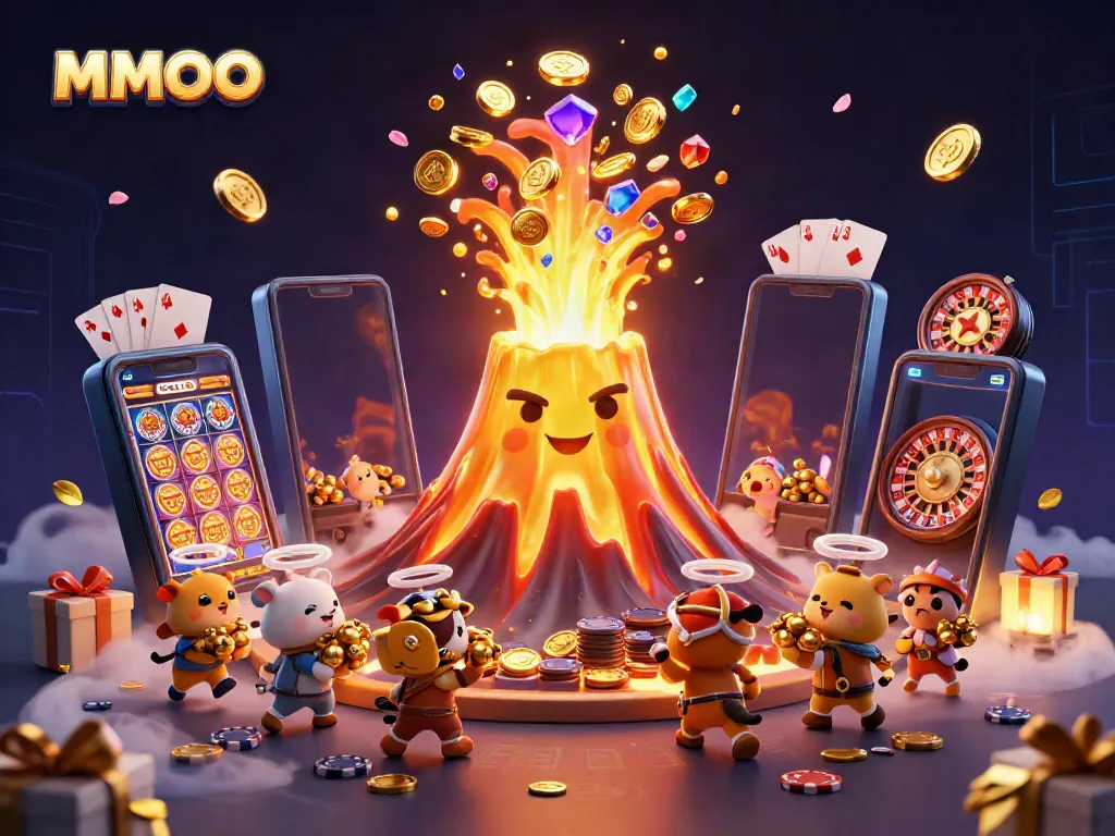 Experience thrilling gameplay at MMOO with a golden volcano erupting with treasures and gaming elements.