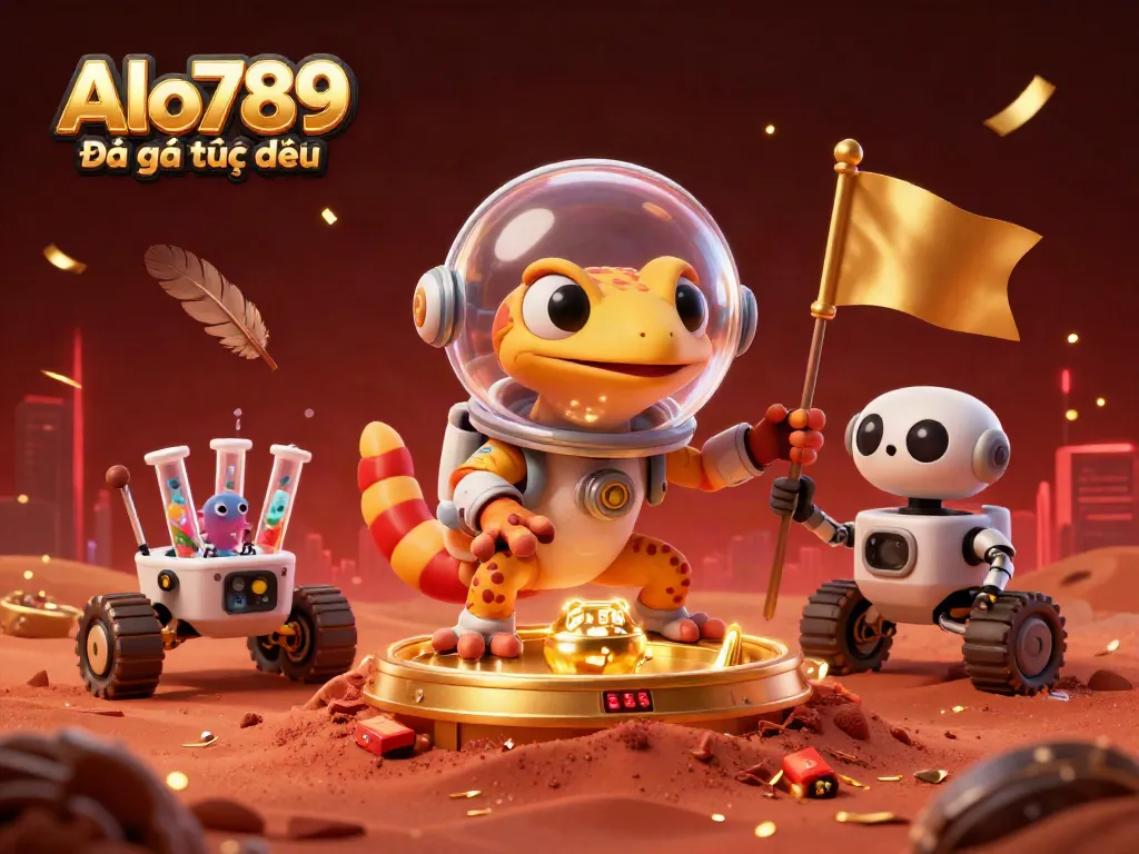 Alo789 Đá gà trực tiếp features a Martian gecko exploring a golden casino with vibrant warrior decorations.