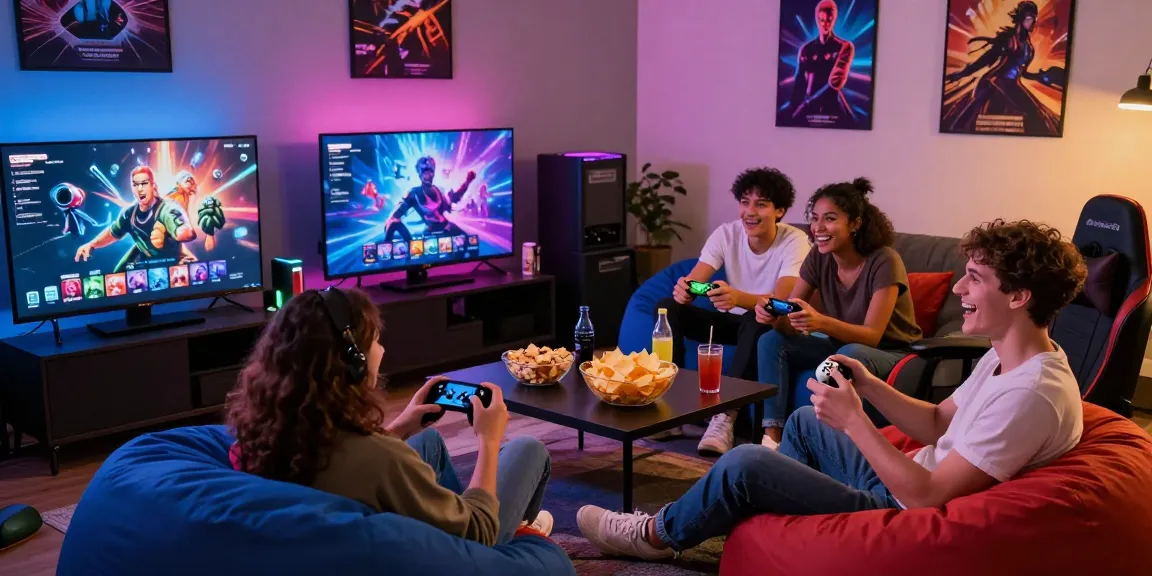 Friends excitedly playing porn ganes together in a vibrant gaming room.