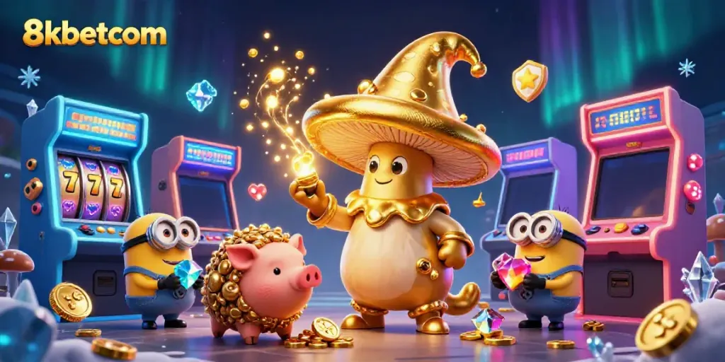 Engage with thrilling treasures at 8kbetcom featuring a whimsical wizard and treasures.