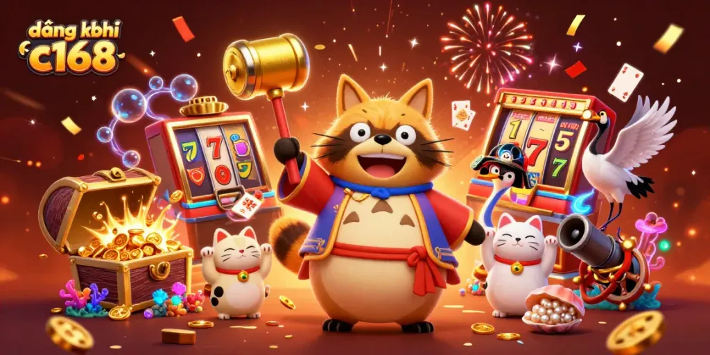 Engage with the fun of đăng ký c168 while enjoying a vibrant scene of casino celebrations featuring a cheerful tanuki and lucky symbols.