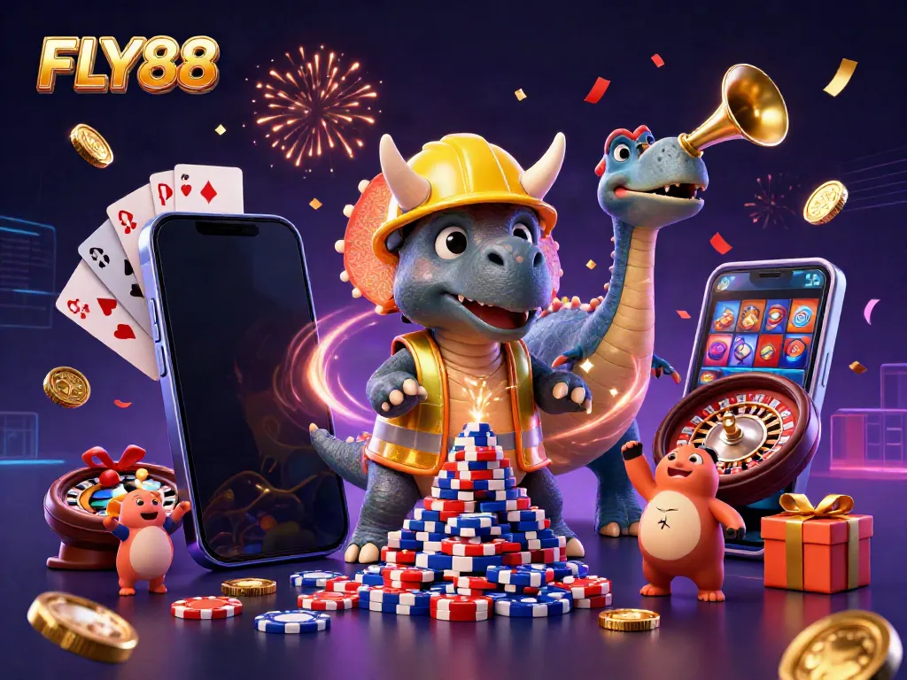FLY88 brings excitement to the casino with a fun illustration of prehistoric characters celebrating wins with poker chips and casino games.