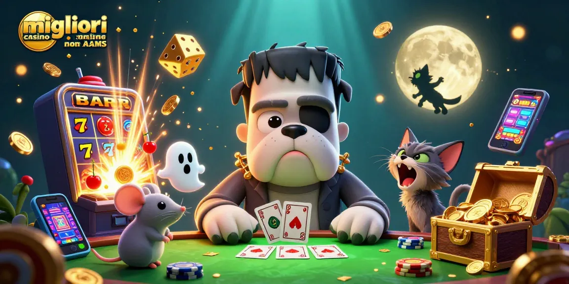 Gioca ai migliori casino online non AAMS con un bulldog Frankenstein e un gatto mannaro in un'illustrazione spettrale.