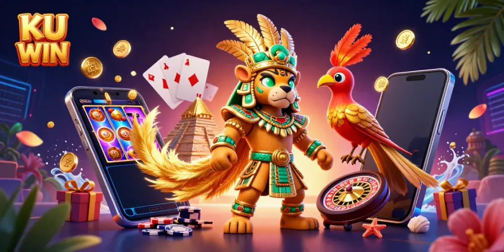 Engage in thrilling gaming adventures with KU WIN amidst vibrant casino elements and magical characters.