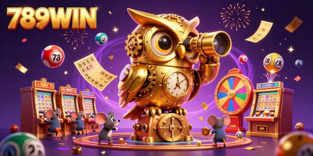 Engage in thrilling gameplay with 789WIN's vibrant casino atmosphere featuring a clockwork owl and magical energy.