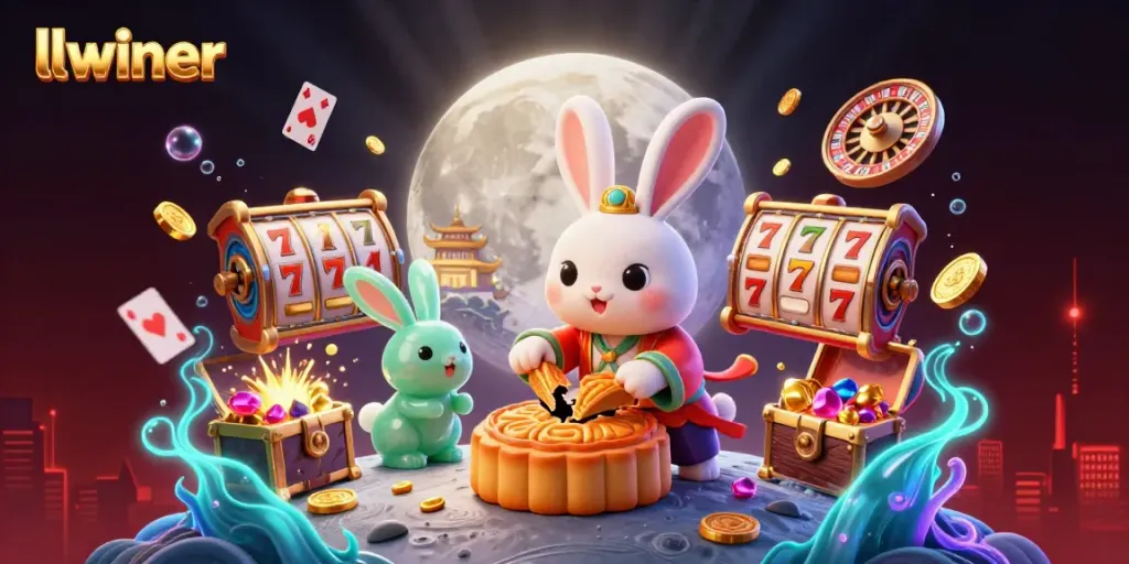 Experience thrilling gameplay with llwiner as the moon rabbit reveals poker chips among treasures in a vibrant casino scene.