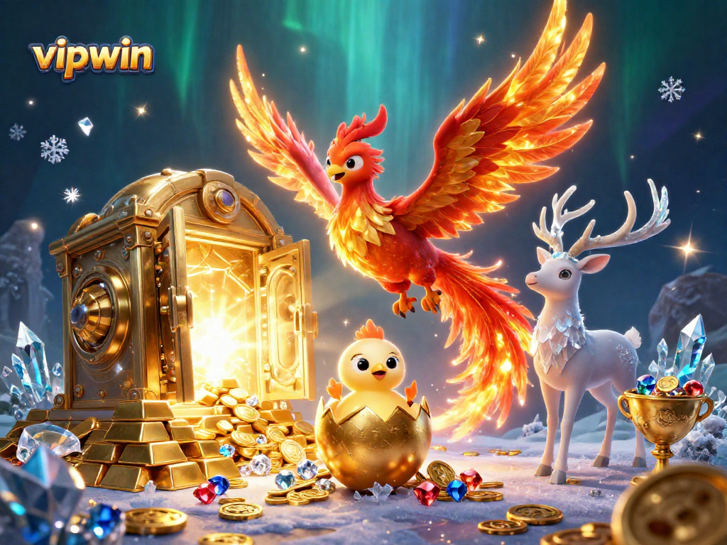 Experience thrilling luck at vipwin with a vibrant phoenix soaring amidst treasures and gems.