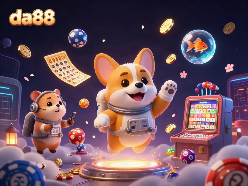 Join the fun with da88 as a corgi astronaut explores a vibrant space casino in zero gravity.