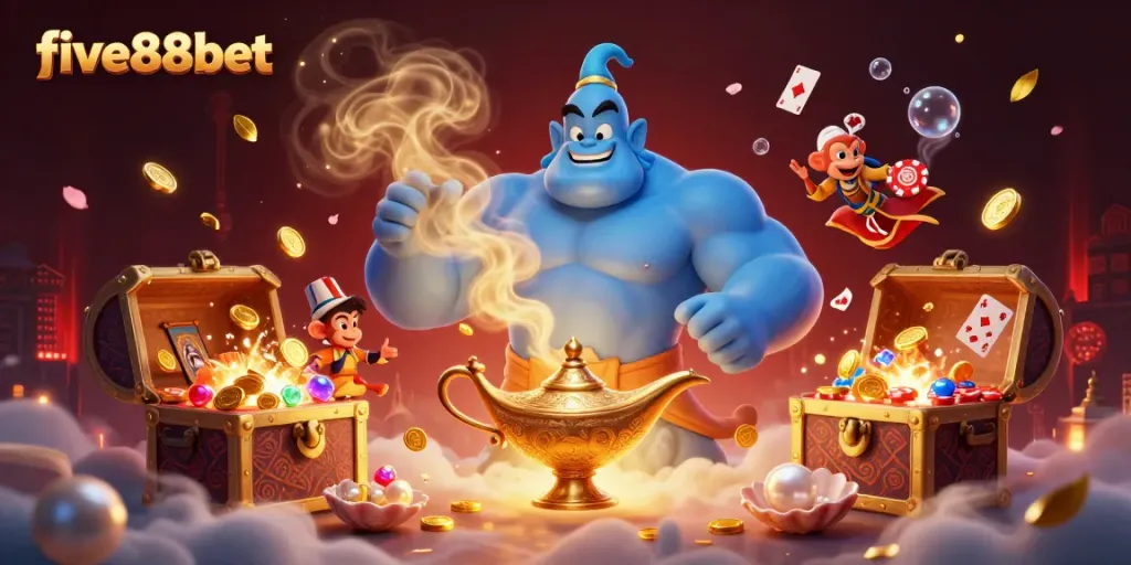 Experience the excitement of five88bet with a vibrant 3D casino scene showcasing a genie, monkey, and poker chips.
