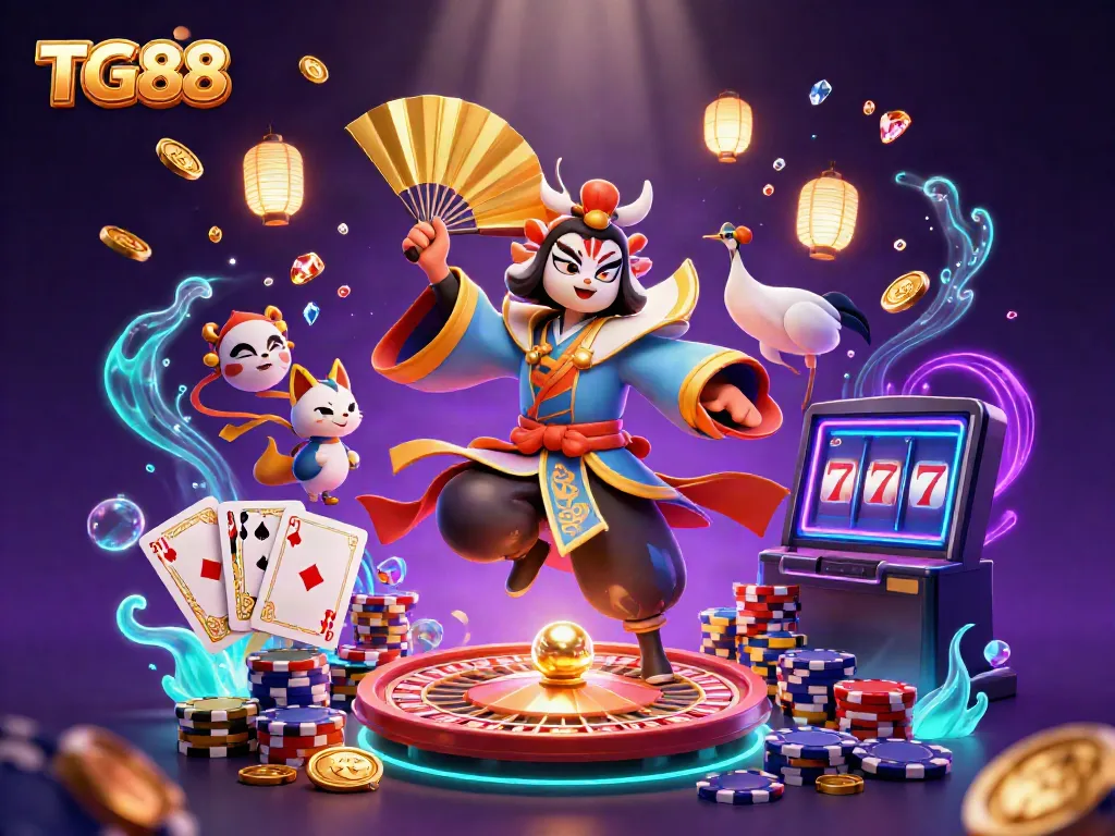 Experience the vibrant gaming energy of TG88 with a kabuki warrior and kitsune amidst casino elements.
