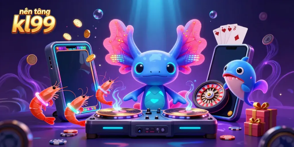 Engage with nền tảng kl99's vibrant online gaming scene featuring a DJ axolotl and vibrant sea creatures.
