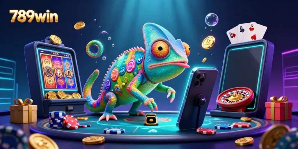 Experience vibrant gaming action at 789win with a dynamic chameleon casino owner surrounded by excitement.