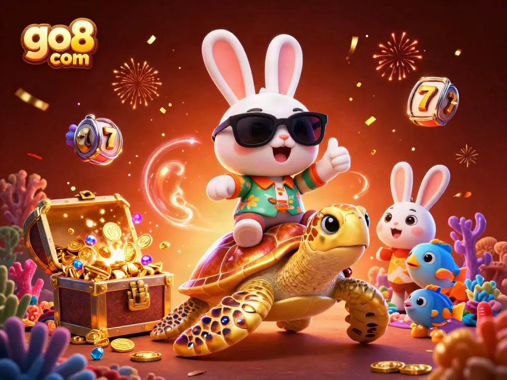 Join the fun on go8 com with a lucky rabbit and golden turtle amid fireworks and treasures.