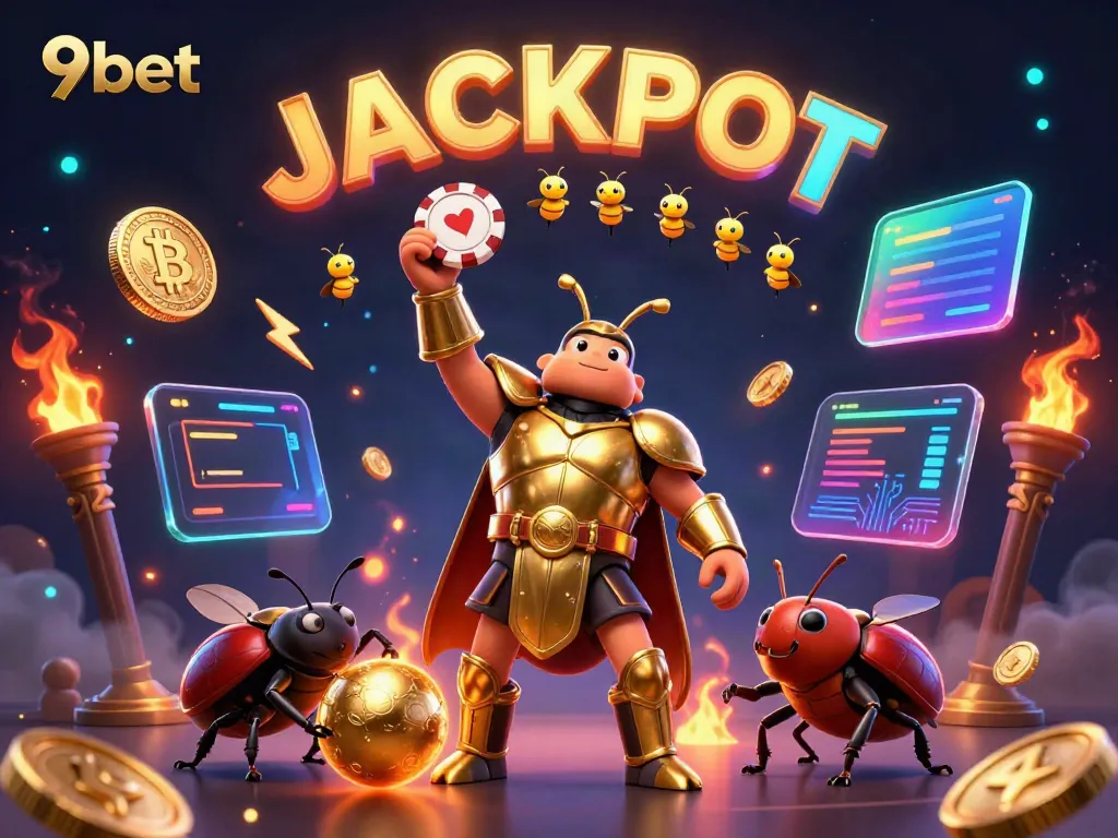 Win big with excitement at 9bet in this vibrant 3D illustration featuring a victorious beetle character.