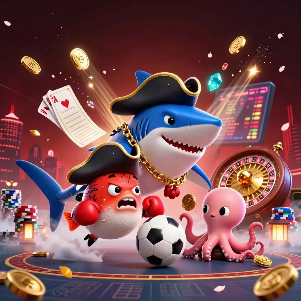 Pirate shark, red pufferfish and baby octopus amid coins, cards and neon casino lights.