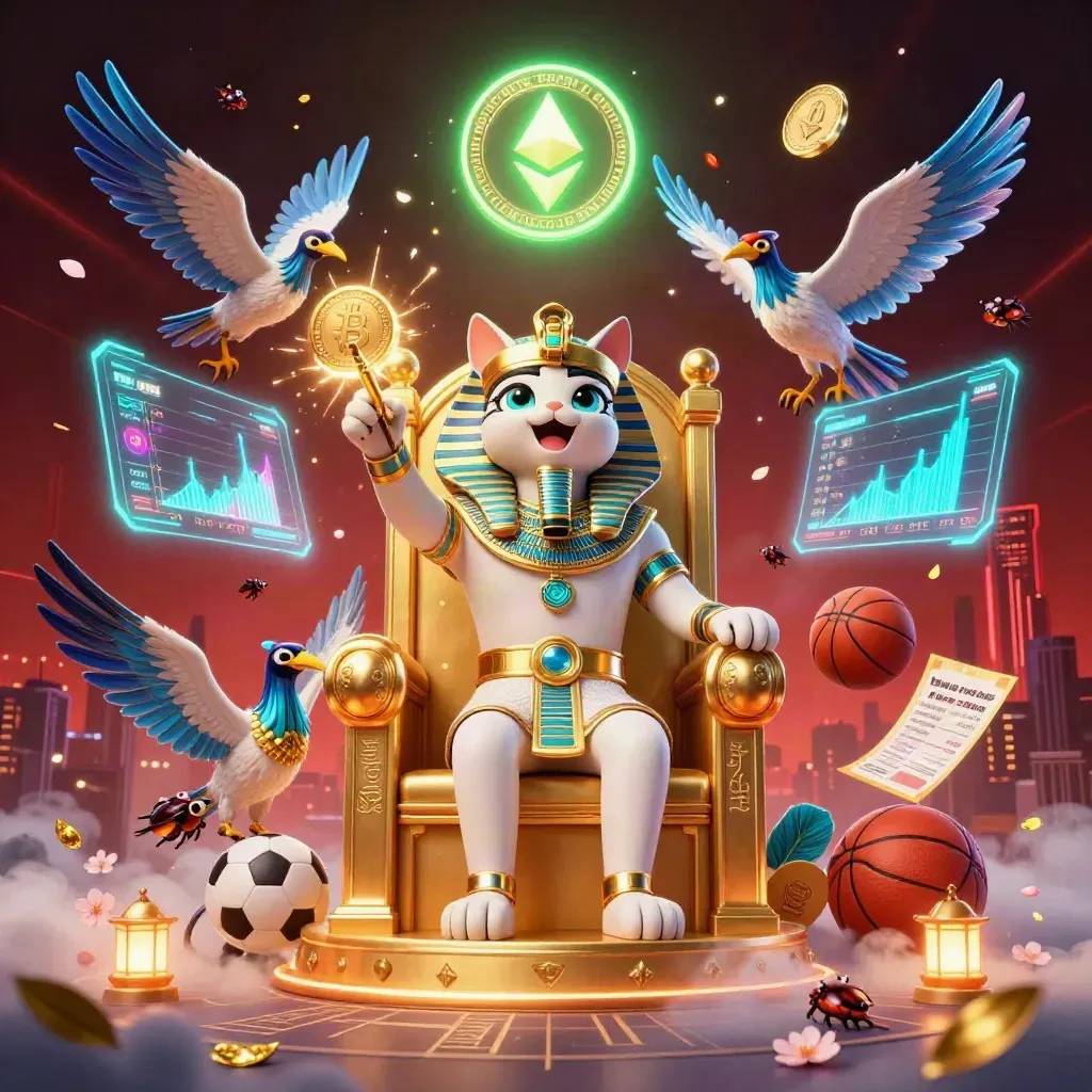 Pharaoh cat on golden throne with ibis scribe, scarabs, neon coins, balls, and glowing effects.
