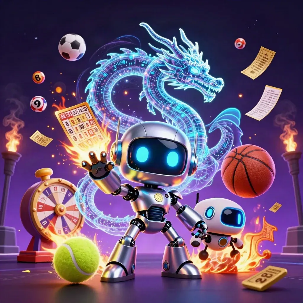 Cyberpunk robot, digital dragon and coin drone amid casino game effects in neon space.
