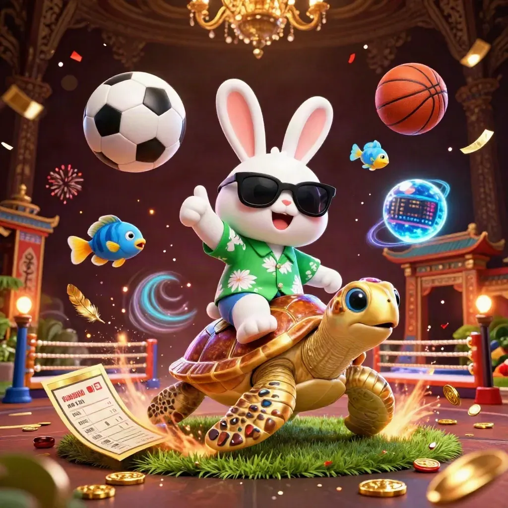 Cartoon rabbit on a golden sea turtle amid soccer, coins, confetti and neon casino glow