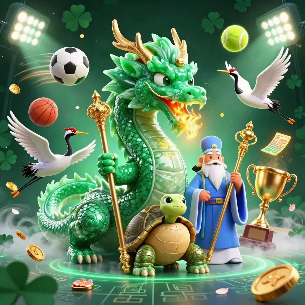 Emerald dragon, turtle sage, and cranes amid flying sports balls and gold fire on a dark casino backdrop.