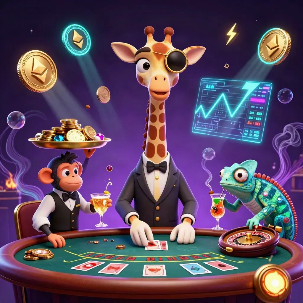 Giraffe, monkey valet, and chameleon in a neon casino lounge with glowing coins and a roulette wheel